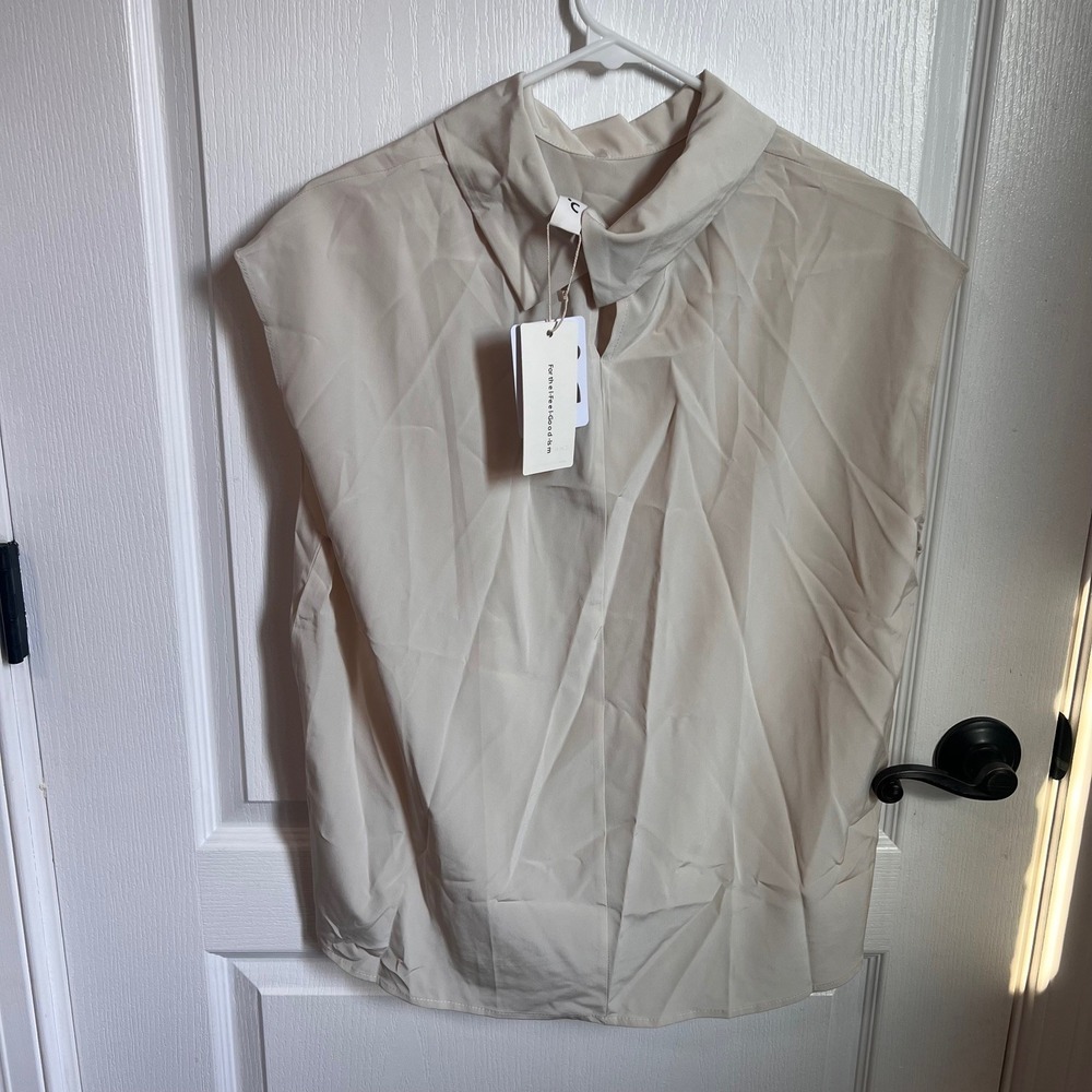 Commense Cream Funnel Neck Sleeveless Blouse OA230206013 Beige Large NWT